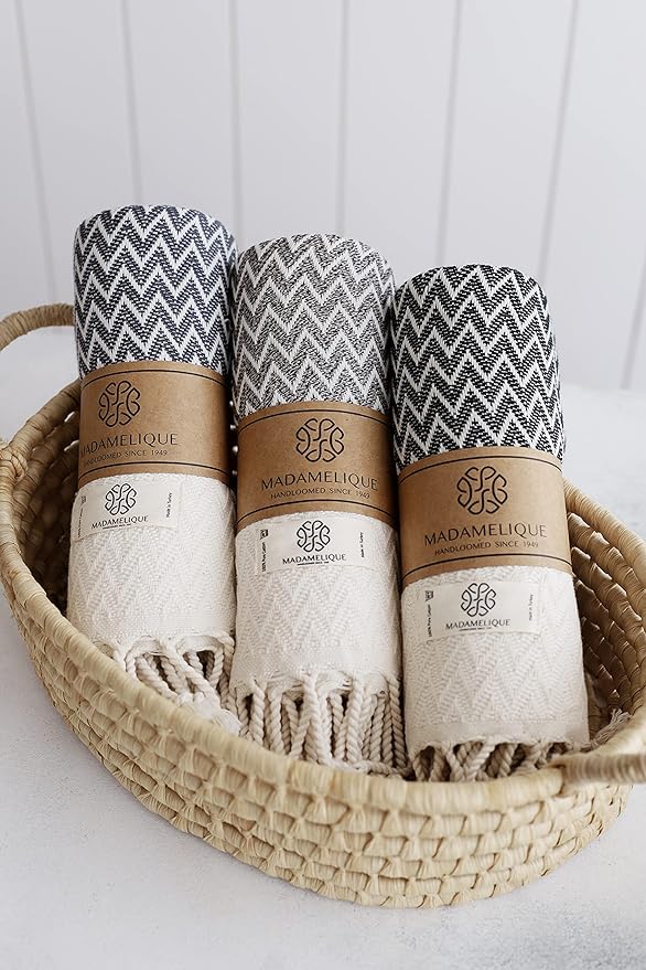 Madamelique Exclusive Hand Towels Set of 2-18 x 40 Inches - Decorative Bathroom Peshtemal Towel for Hand, Face, Hair, Yoga, Tea, Dishcloth, Kitchen and Bath - 100% Pure Cotton (Black)