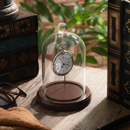 Beeveer 2 Pcs Clear Pocket Watch Glass Display with Hooks Dome Cloche with Wood Base Christmas Decorative Showcase for Watch Plants Medals Photos Collectibles(Reddish Brown,3" X 5",Heading Style)