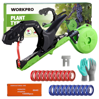 WORKPRO Plant Tying Machine, Lightweight Tape Gun for Tying Vines and Support Plants, Includes Gloves, 20 Rolls of Tape, 10,000 Staples, Ideal for Tomatoes, Grapes, Cucumber and Vegetables