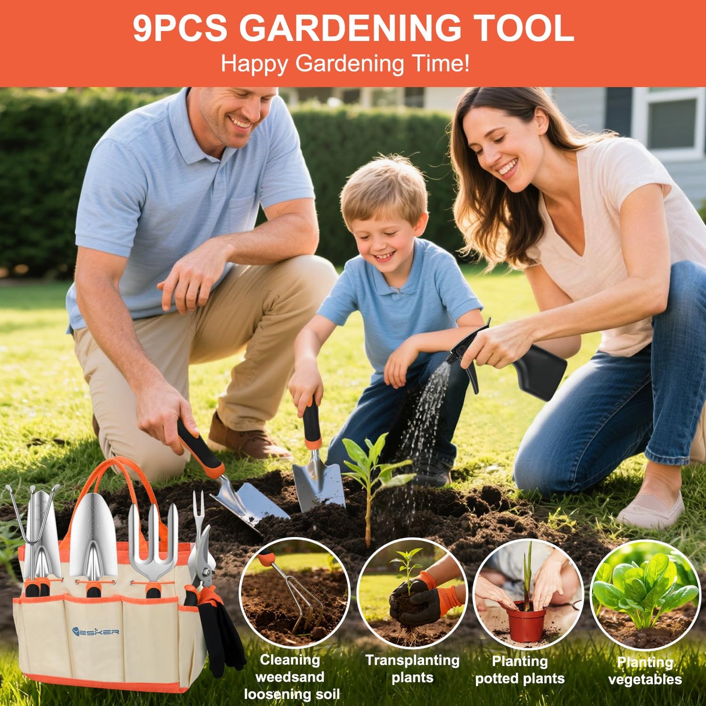 Yesker Gardening Tools 9-Piece Heavy Duty Garden Tool Set Gardening Supplies Gifts for Women Men Gardening Hand Tool Kit with Non-Slip Ergonomic Handle, Garden Bag, Durable Gloves and Shears, Orange