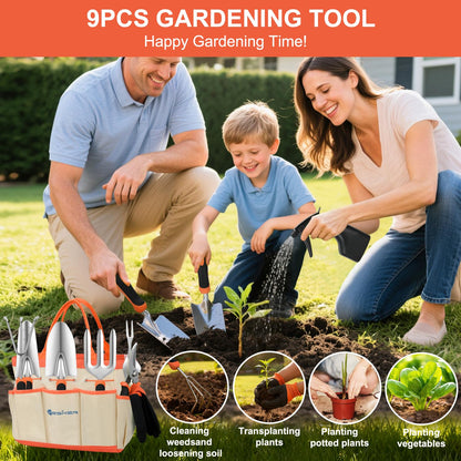 Yesker Gardening Tools 9-Piece Heavy Duty Garden Tool Set Gardening Supplies Gifts for Women Men Gardening Hand Tool Kit with Non-Slip Ergonomic Handle, Garden Bag, Durable Gloves and Shears, Orange