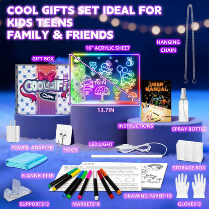 XoBathti 16" LED Drawing Board for Kids - Light Up LED Note Board with Colors & 18 Tracing Stencils, Birthday Gifts for Girls Ages 5-12, Glow Doodle Pad Art Set, 39PCS