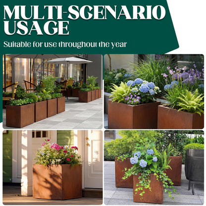 Cycayit Modern Corten Steel Planter 16” Cube, 1.5mm Heavy Duty Rust Finish Square Planter Box with Drainage Hole, Decorative Outdoor Metal Planter for Patio, Balcony, Entryway, Garden Decor
