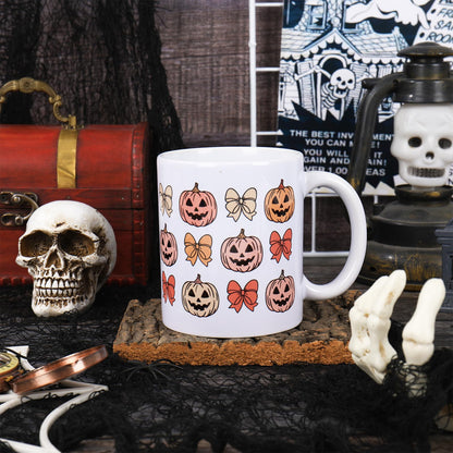 JarThenaAMCS Halloween Mug Retro Pumpkin Bow Coffee Mug Orange Pink Groovy Ceramic Drinking Cup for Halloween Fall Party Supplies Table Centerpieces, 12 Oz