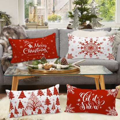 Lanpn Christmas Lumbar Throw Pillow Covers 12x22 Set of 4, Merry Christmas Winter Xmas Snowflake Decorative Holiday Cushion Pillow Cases 12 x 22 for Indoor Farmhouse Home Room Couch Decor (Red)