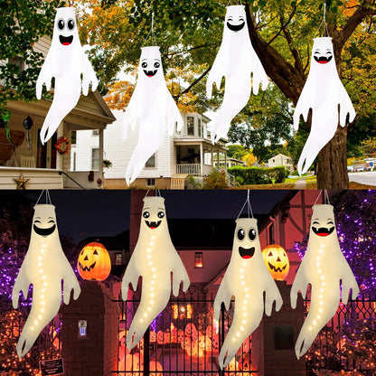 Geefuun 4PCS Warm Light Halloween Cute Ghost Windsocks Hanging Decorations - 43 Inch Flag Wind Socks for Home Yard Outdoor Decor Party Supplies (Batteries Not Included,No Timer)