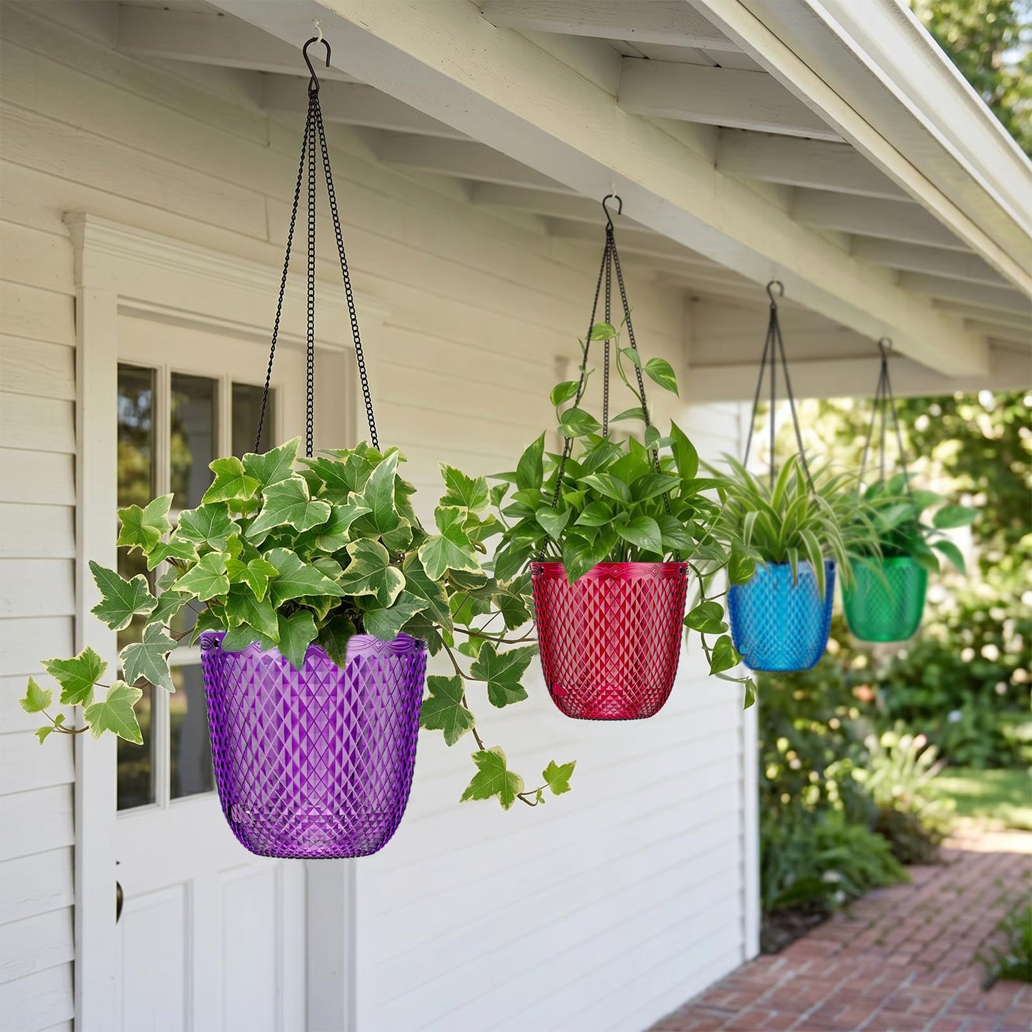QCQHDU Hanging Planters for Indoor Plants, 2-Pack 7.2 Inch Self Watering Hanging Pots, Plastic Plant Hanger with Drainage Holes and 3 Hooks Chains for Garden Home (Purple)
