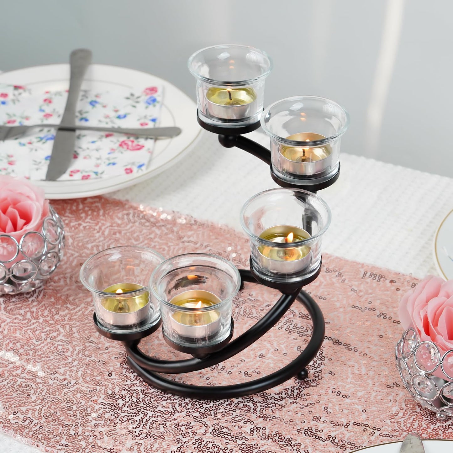 Kolnlala 2Pcs Black 5-arm Metal & Glass Tea Light Candle Holders for Table Centerpiece, Glass Votive Tealight Holders/Candelabra Candlestick Holders for Wedding,Party, Anniversary,Christmas