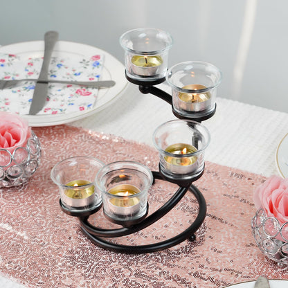 Kolnlala 2Pcs Black 5-arm Metal & Glass Tea Light Candle Holders for Table Centerpiece, Glass Votive Tealight Holders/Candelabra Candlestick Holders for Wedding,Party, Anniversary,Christmas