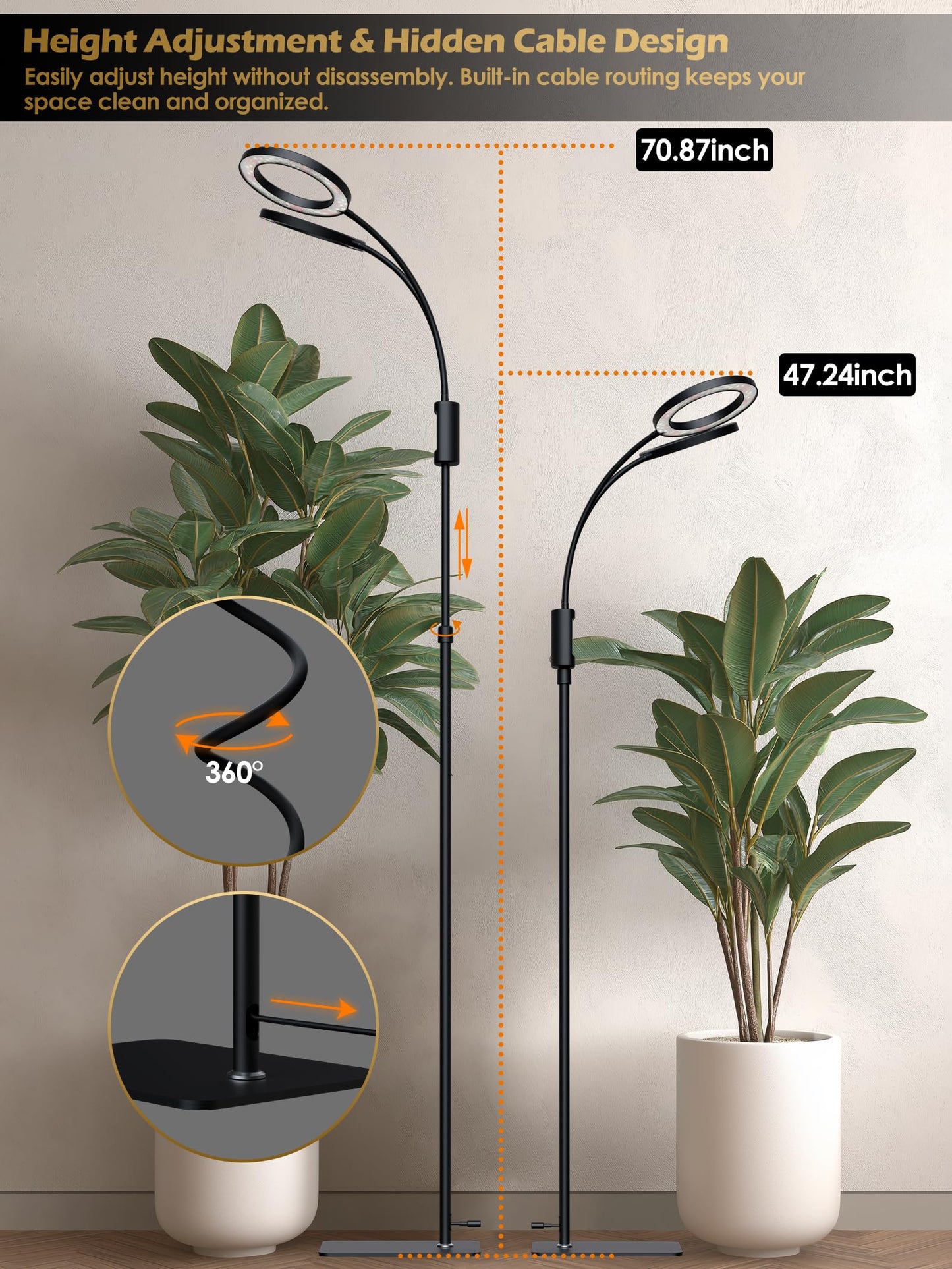 Smart Grow Lights for Indoor Plants, Plant Light with Auto-Timer, Full Spectrum LED Grow Light, Adjustable Height & Stepless Dimming,Plant Assistant Suitable for Most Plants (Black, Dual Heads)