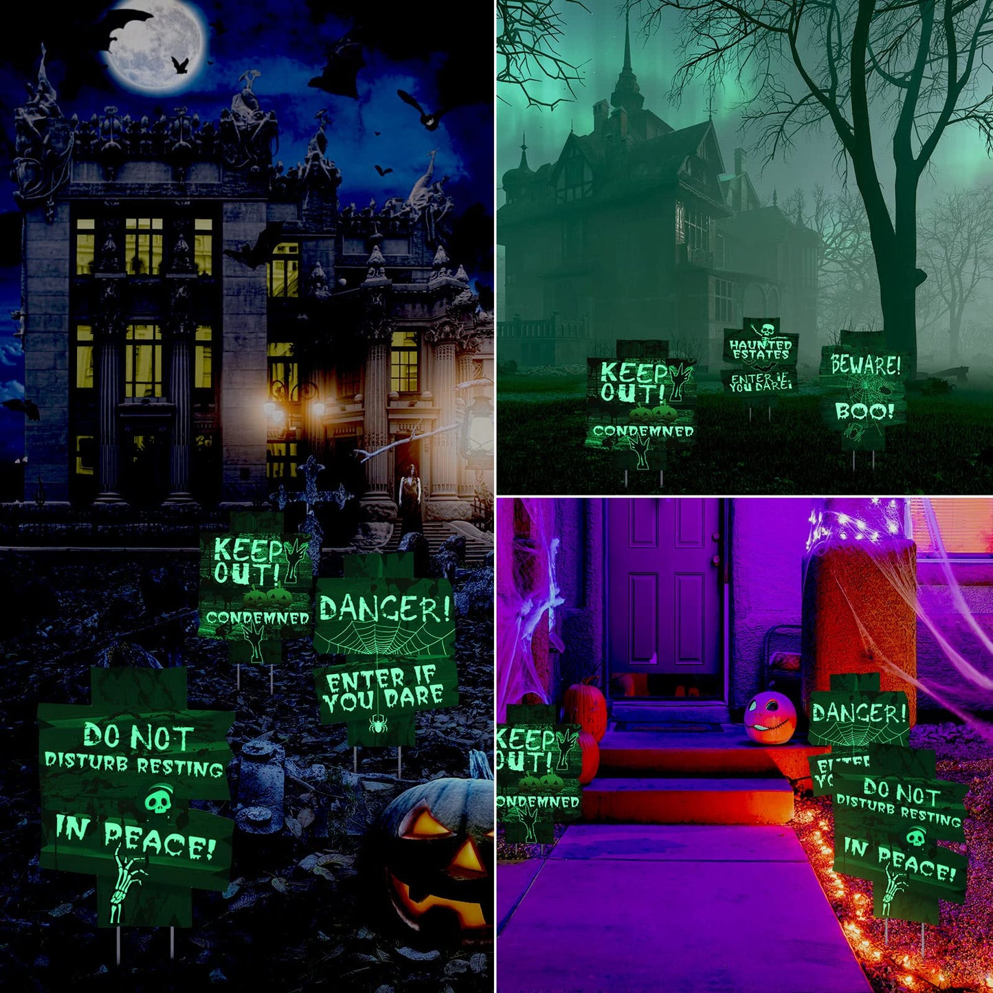6 Pcs Halloween Decorations Glow in Dark Yard Sign Fluorescence Scary Halloween Outdoor Decorations Beware Props for Lawn Graveyard Graves Haunted House Zombie Vampire Graves Holiday Party