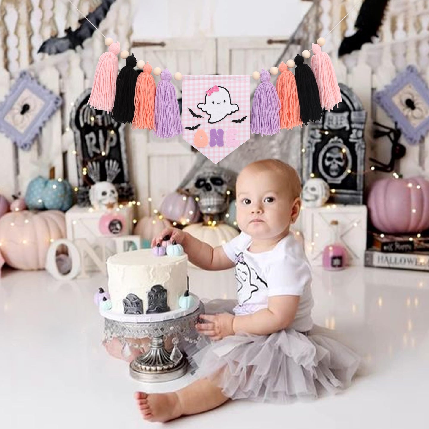 Spooky One High Chair Banner for Girls - Pink Ghost Yarn Tassel Highchair Banner, Halloween 1st Birthday Decorations, Our Little Boo is One Birthday Decor
