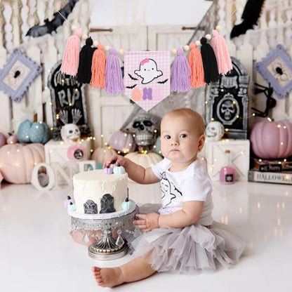 Spooky One High Chair Banner for Girls - Pink Ghost Yarn Tassel Highchair Banner, Halloween 1st Birthday Decorations, Our Little Boo is One Birthday Decor