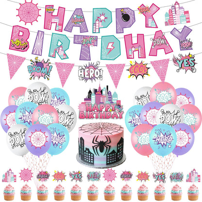 Hero Party Decoration Hero Happy Birthday Banner Pink Spidey Theme Pennant Flag Banner Cake Toppers Latex Balloons for Spider Girl Birthday Baby Shower Party Supplies