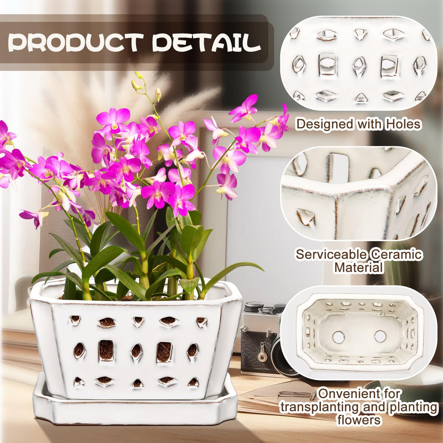 Teenyyou 1 Set Orchid Pot with Holes 7 Inch Ceramic Orchid Pot with Saucers for Repotting Amaryllis Flower Planter Include Gardening Shovel Set and Gloves for Home Decor(White)