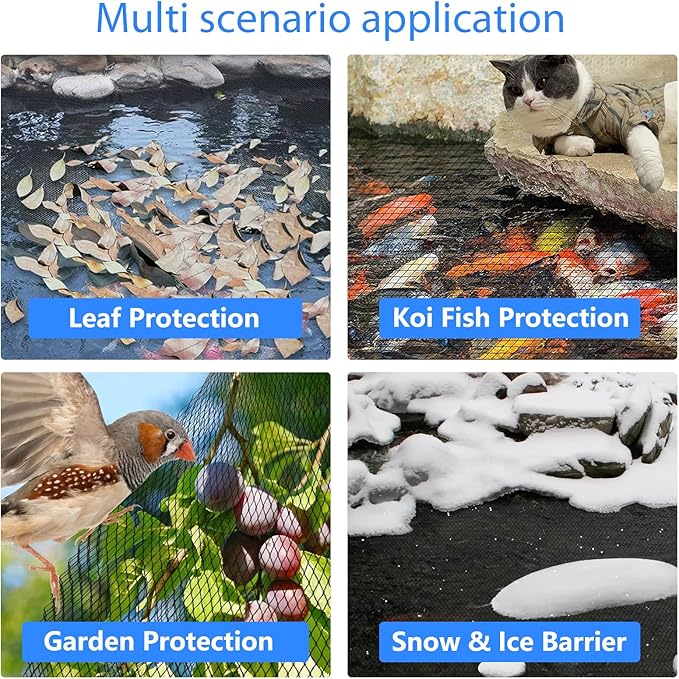 Koi Pond Netting Kit 40 x 40 FT, 3/8" Heavy Duty Woven Mesh Pond Net Cover for Leaves with 12 Stakes, HDPE Pool Netting Protecting Fish from Herons Birds Cats, Black