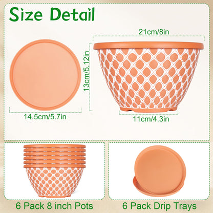 Nooulap 6 Pack 8 Inch Plant Pot, Flower Pots for Indoor Outdoor, Durable Decorative Planters for House Garden Plants Herbs Flowers Succulents, Orange and White Checkered Design