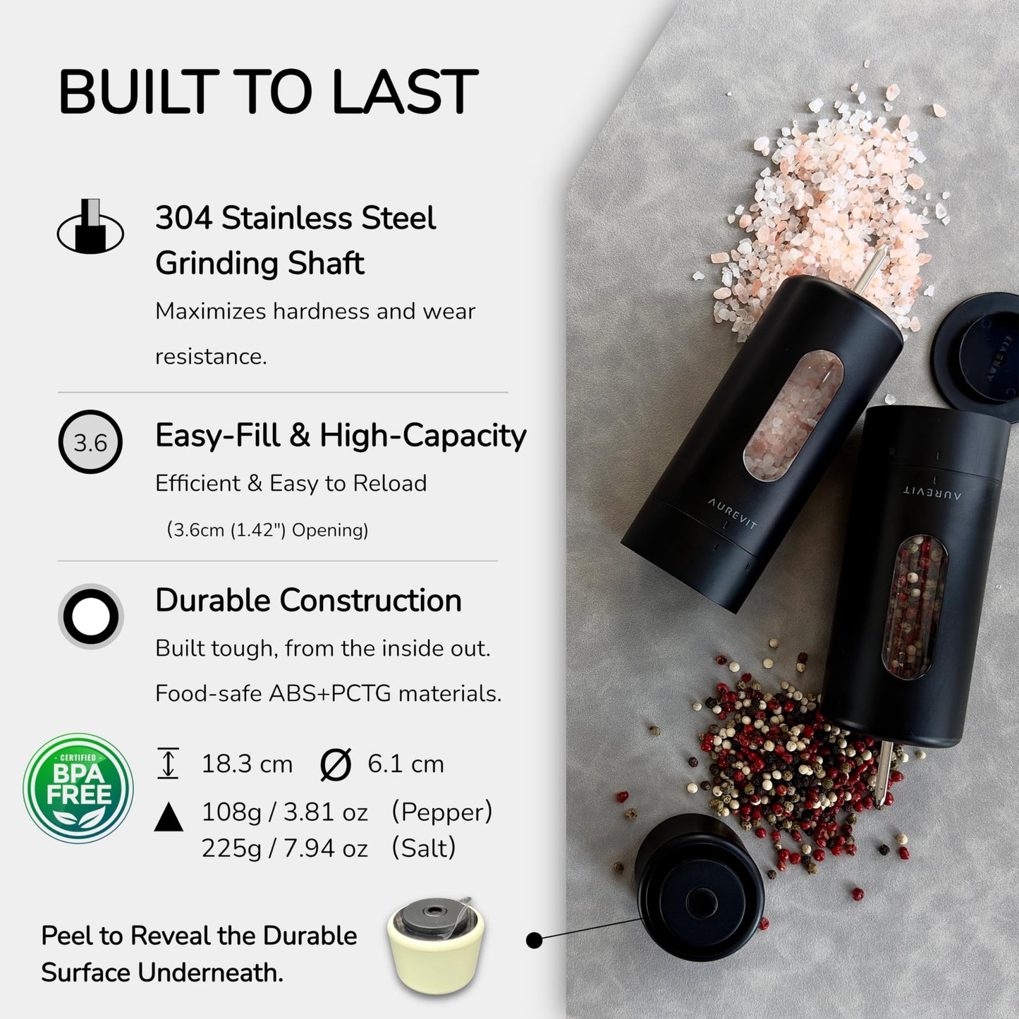 Aurevit Salt And Pepper Grinder Set Manual, Salt And Pepper Mill With Ceramic/Stainless Steel Core, External Adjustable Coarseness, Refillable, Durable (2 Packs, Sage)