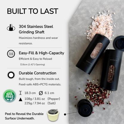 Aurevit Salt And Pepper Grinder Set Manual, Salt And Pepper Mill With Ceramic/Stainless Steel Core, External Adjustable Coarseness, Refillable, Durable (2 Packs, Blue-Grey)