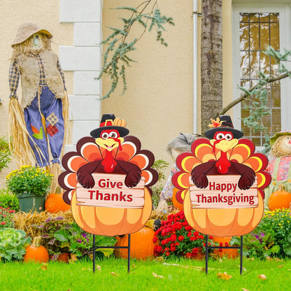 Whaline 2 Pack Fall Thanksgiving Metal Decorative Garden Stake Turkey Pumpkin Welcome Harvest Yard Sign Waterproof for Home Garden Yard Lawn Patio Backyard Walkway Decorations