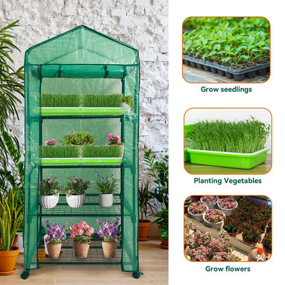 Grandhom Mini Greenhouse,4 Tier Small Portable Greenhouses Kit with Caster Wheels and Roll-up Zipper PE Cover,Green House for Indoor Outdoor Seedling and Plant Growing 27.6" L x 19.7" W x 65" H,Green