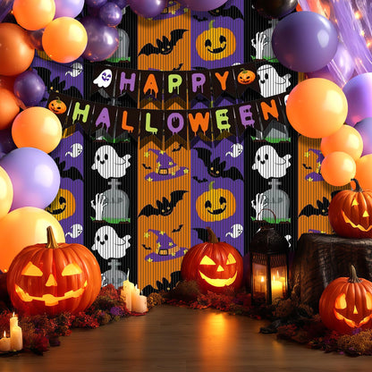 OQOQ Halloween Party Decorations Backdrops, 2 Pcs 3.3x6.6 Ft Tinsel Foil Fringe Curtains & 1 Pcs Happy Halloween Banner, Streamer Large Photo Booth Props Indoor Party Decor