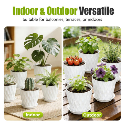 SQKH 8 Inch Plastic Plant Pots,Set of 5 Flower Pots,Planters with Drainage Holes & Saucers, Indoor Outdoor Garden Pots for Home Decor(White)