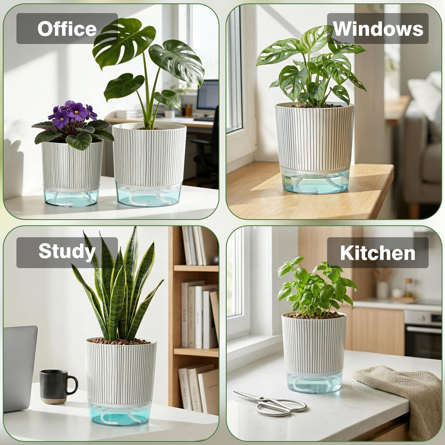 Samhe 6 Pack Self Watering Pots for Indoor Plants, 4+5.5+6.3 Inch Self Watering Plant Pots Set, Flower Pots with Wick Rope and Reservoir for African Violet, Spider Plant, Orchid