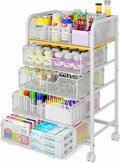 5-Tier Craft Organizer Cart with 5 Sets of DIY Dividers,Craft Organizers and Storage with Drawers,Lockable Wheels Rolling Utility Cart on Wheels,Art Supply Organizer,Ideal for Studio,Office,White