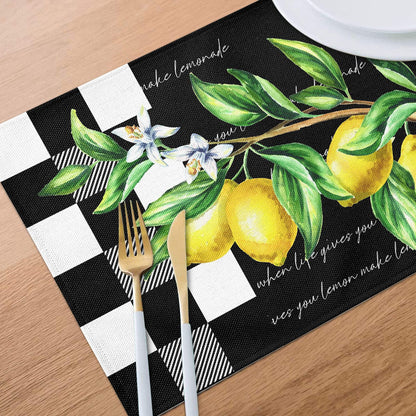 Placemats Set of 4, Yellow Lemon Non Slip Heat Resistant Linen Fabric Cotton Cloth Place Mats, Buffalo Plaid Black Square Washable Dining Table Mat for Summer Fall Rustic Farmhouse Home Kitchen Decor