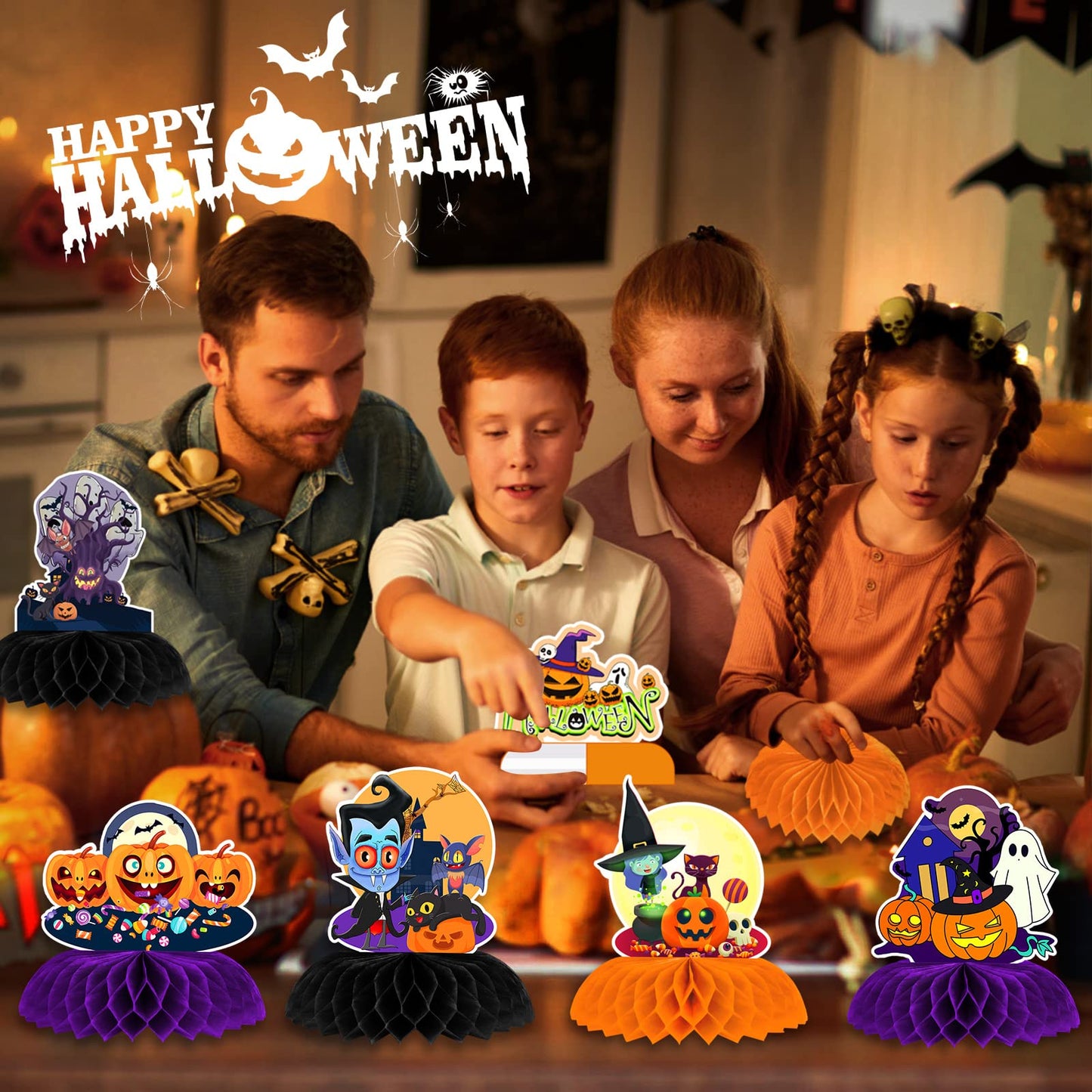 12 Pack Halloween Honeycomb Centerpieces Table Decorations,Pumpkin Ghost Witch Cat Tombstone and More Halloween Elements for Halloween Party Favors Supplies,Cute Party Home Room Table Desk Decor