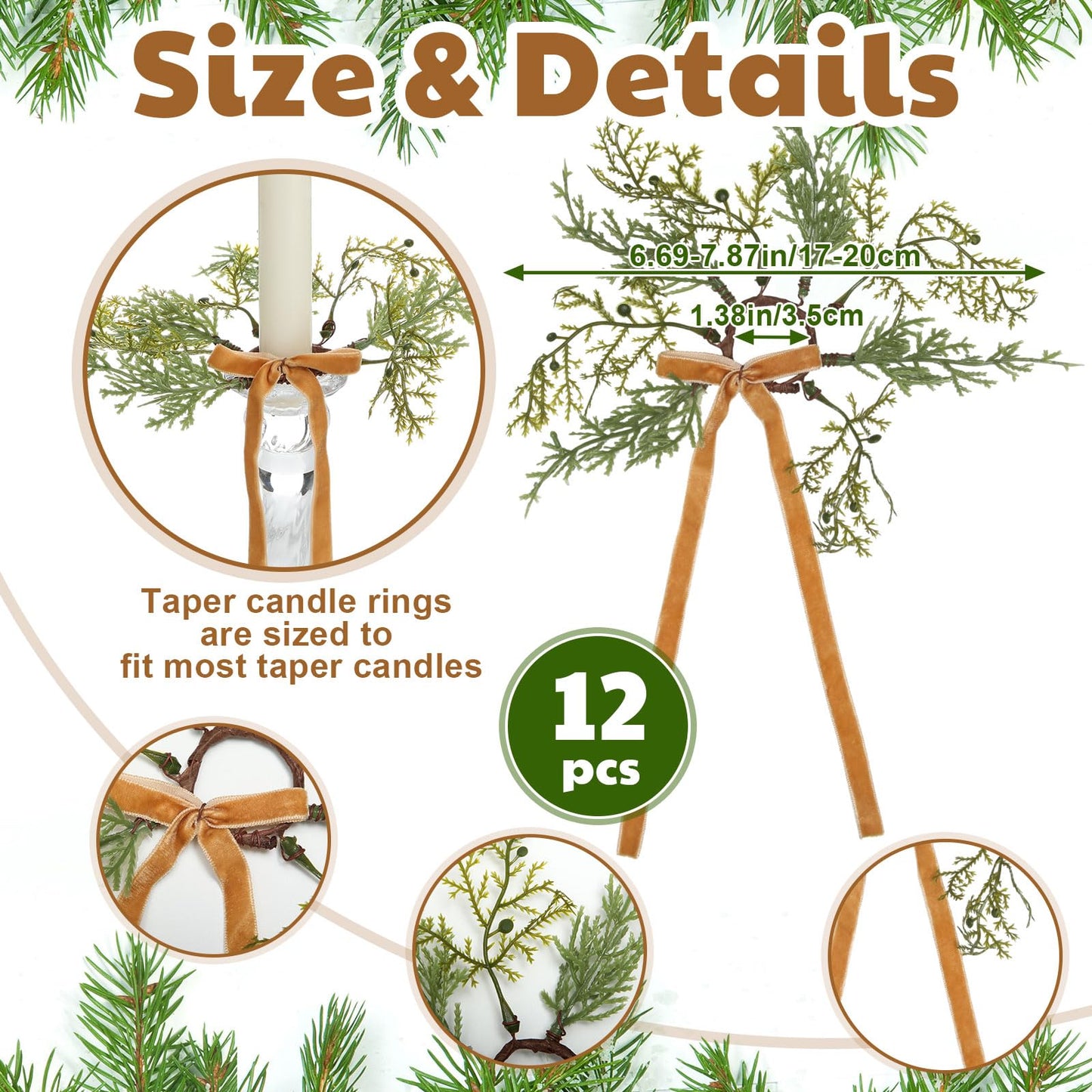 Suncalla 12 Pcs Christmas Pine Taper Rings Wreaths with Velvet Bow Ribbon 1.38 Inch Mini Taper Holder Decorations for Xmas Holiday Church Home Table Centerpiece(Brown)