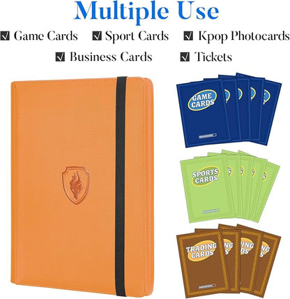 Premium 9 Pocket Card Binder for 360 Cards, Fabmaker PU Cover Trading Card Binder, Sturdy Card Collection Album, Sleek Card Holder Folders for Game Cards & Sports Cards, Orange