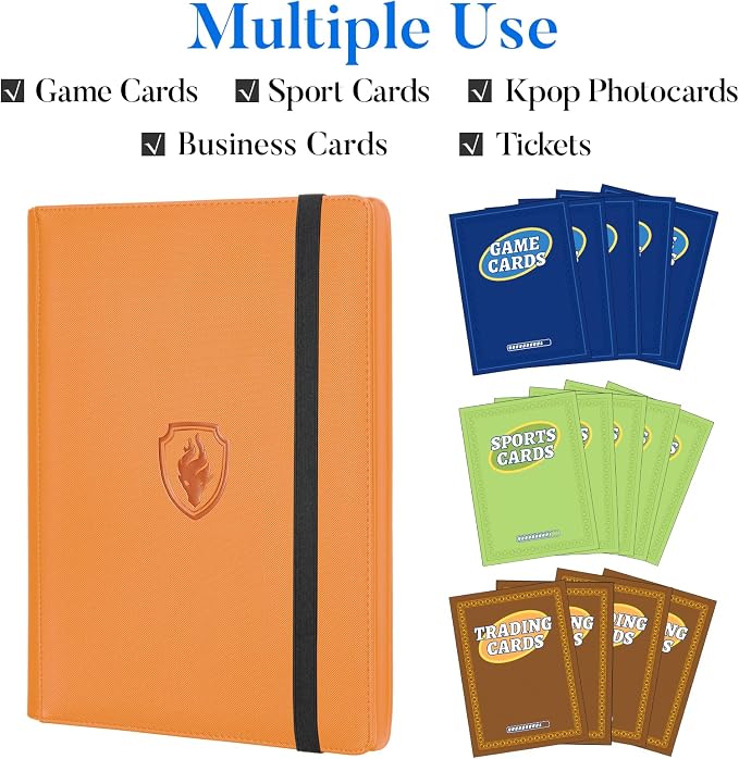 Premium 9 Pocket Card Binder for 540 Cards, Fabmaker PU Cover Trading Card Binder, Sturdy Card Collection Album, Sleek Card Holder Folders for Game Cards & Sports Cards, Orange