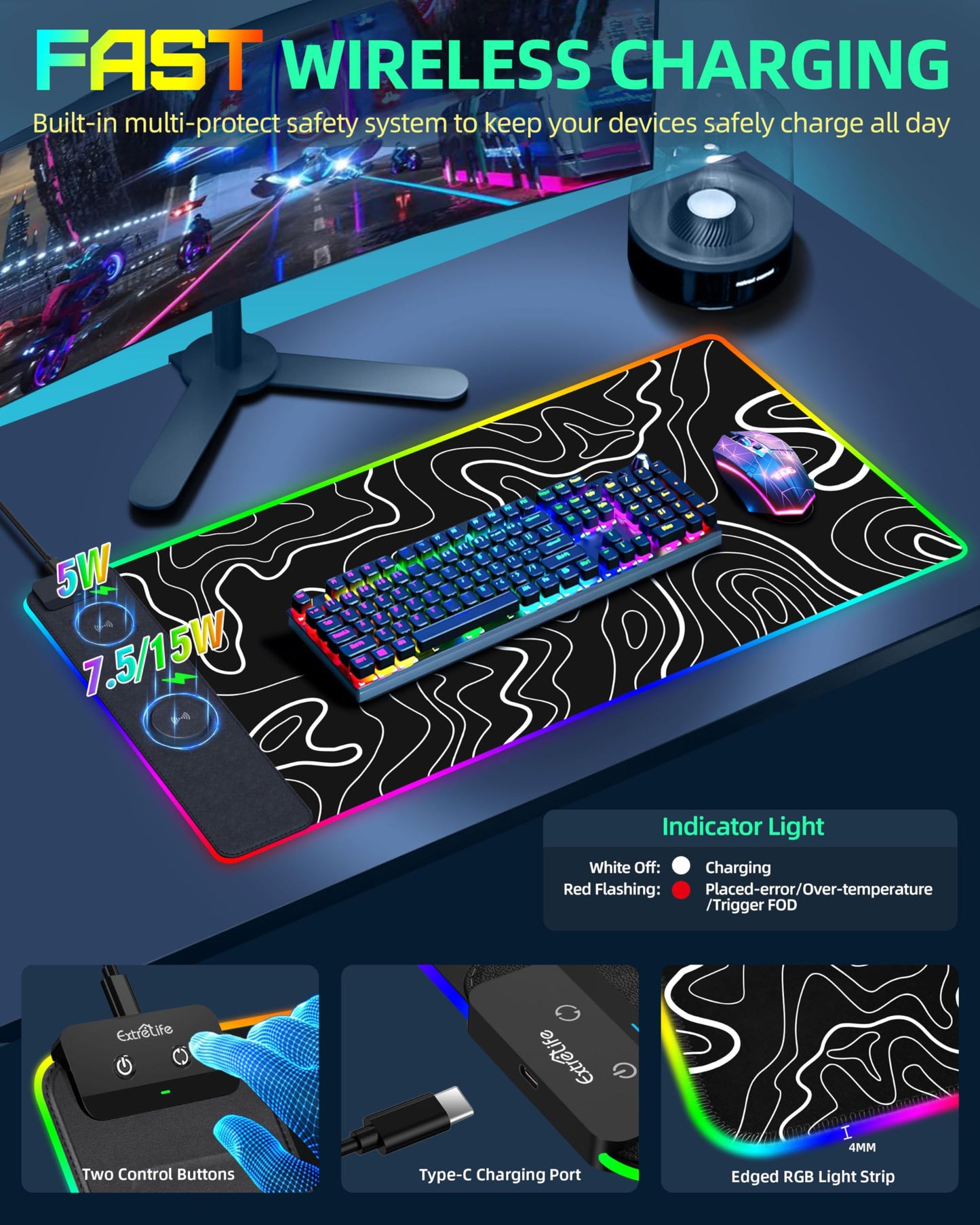 Wireless Charging Mouse Pad, RGB Gaming Mousepad, 31.5"x15.7" Extra Large Desk Pad, 13 Light Modes, Ultra-Smooth Surface, Non-Slip Base, Waterproof Computer Keyboard Mat for MacBook, PC, Laptop, Black