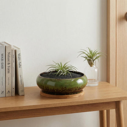 DECHOUS Ceramic Lotus Bowl Planter 7 Inch Round Shallow Succulent Planter Glazed Flower Plants Pot with Bamboo Tray for Lotus Seeds, Bonsai, Home Indoor Decor