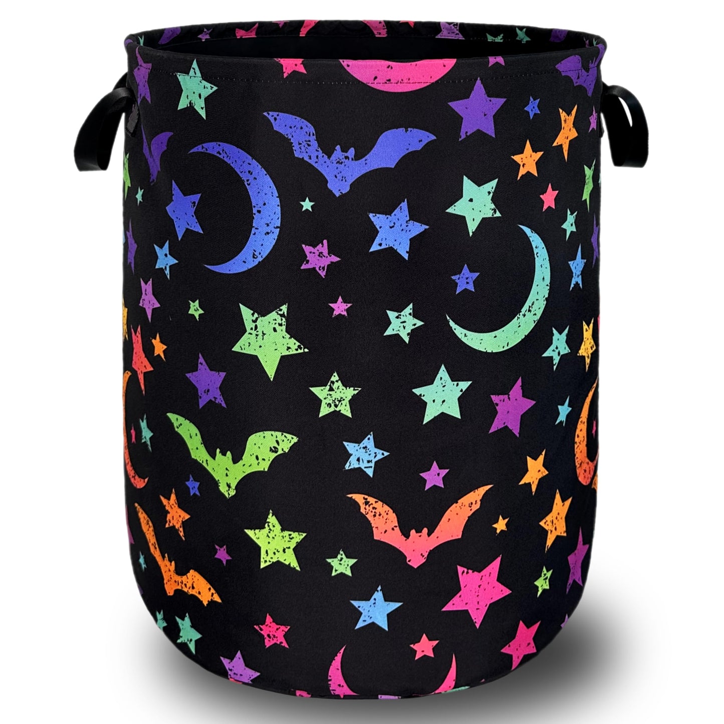 Colorful Bats Laundry Hamper Moon Stars Laundry Basket With Handles Foldable Oxford Cloth Goth Style Funny Tote Bag Clothes Toy Storage Bucket 18.9" x 16.5" For Bathroom/Laundry/Bedroom