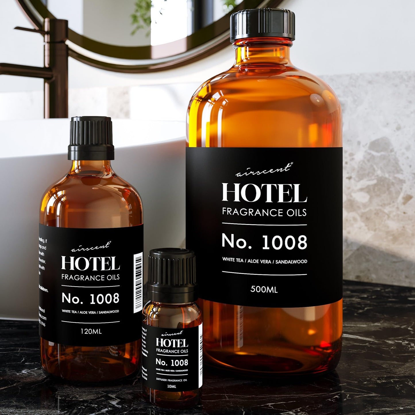 AirScent Hotel Diffuser Oil No. 1008 - White Tea, Aloe Vera & Sandalwood - Premium Fragrance Oil for Ultrasonic and Waterless Diffusers and Crafting - 500 mL, 16.9 fl oz Glass Bottle