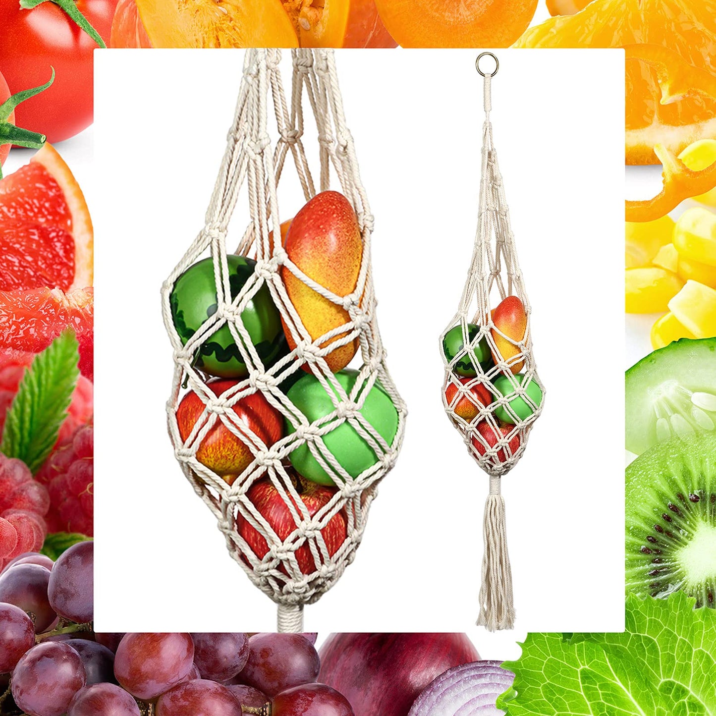 Geiserailie 2 Pieces Hanging Fruit Basket Macrame Hanging Basket Vegetable Breathable Storage decor for Potato Onion and Fruit Storage Boho Decor for Kitchen