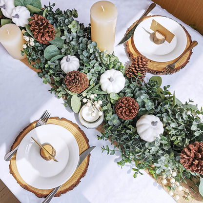 Winlyn Fall White Pumpkin Artificial Eucalyptus Garland with Pumpkins Pinecones Berries - Fall Decor, 5.9' L - Farmhouse Wedding Arch Backdrop, Thanksgiving Mantel, Table Runner, Centerpiece