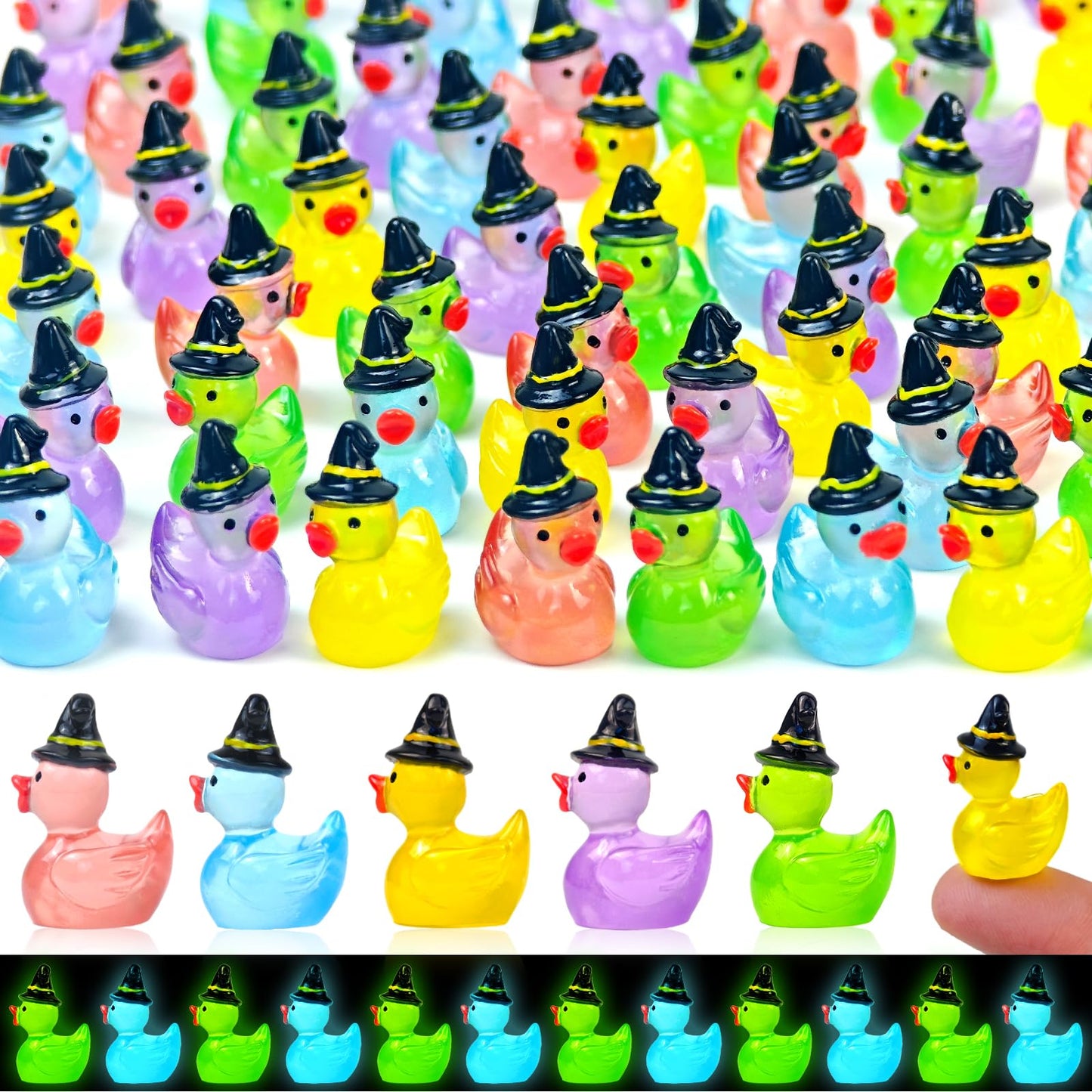 Feivando 50 Pcs Halloween Luminous Mini Resin Ducks Glow in The Dark Tiny Little Duck Figures with Witch Hat Miniature Figurines for Halloween Crafts Micro Landscape Fairy Garden Party Decor