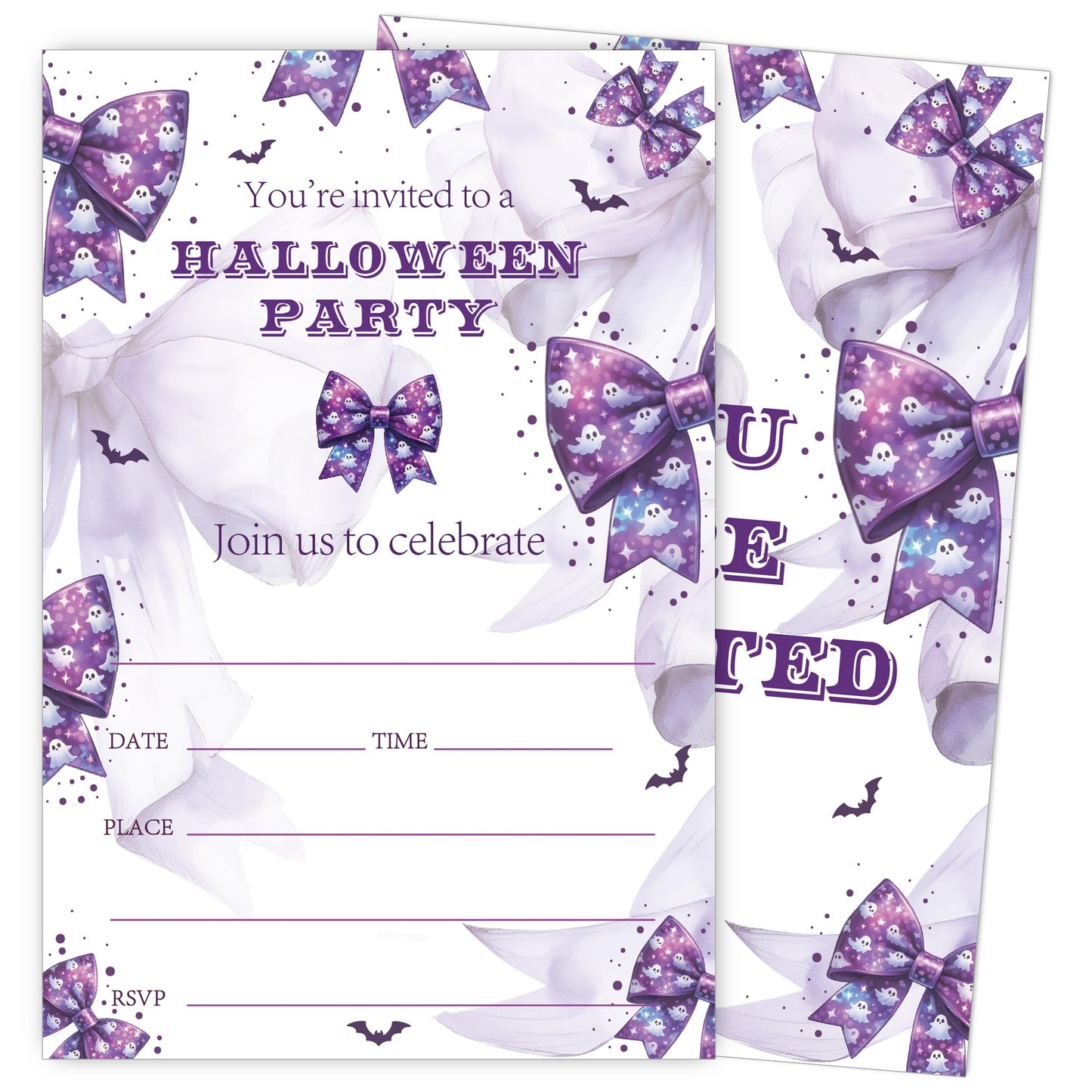 SIXEIGHT Purple Bow Halloween Party Invitations, Cute Ghost Halloween Invitations for Boys Girls, 25 Pack Purple Invite Cards with Envelopes, Wedding Birthday Baby Shower Party Decorations-E07