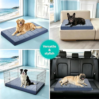Cooling Dog Bed for X Large Dogs - Orthopedic Pet Beds with Memory Foam, QMAX>0.5, Waterproof Removable Washable Cover for Hot Weather, Wander Blue, 41" L x 27" W x 3" H