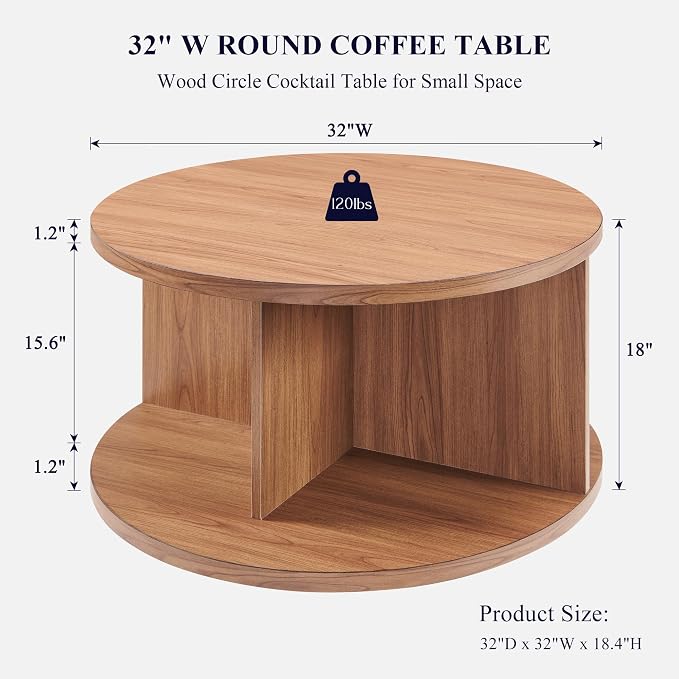 JXQTLINGMU Round Coffee Table for Living Room, 32" Modern Center Table with Cross Support Structure & Open Storage Cubby, Wood Circle Cocktail Table for Small Space, Apartment, Dark Grain