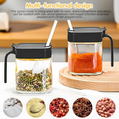 WANYISHUN Condiment Jar Spice Container with Lids and Spoons, Kitchen Spice Pot Set of 3, 11oz Clear Glass Condiment Pot with Tray, Kitchen Salt Pepper Sugar Storage Container Jar (black, 300ml)