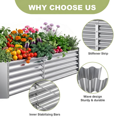 AHEONLAR 2 Pack 8×4×1.5ft Galvanized Raised Garden Beds Outdoor, Rectangle Sturdy and Durable Planter Boxes for Vegetables, Fruits, Flowers and Plants, Easy Assembly, Silver