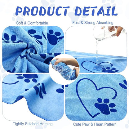 Fanfanwin 4 Pcs Dog Bath Towels Microfiber Drying Dog Towel Absorbent Pet Heart Paw Towels for Medium Dogs Puppy Cats Pets Shower(Blue)