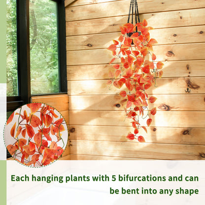 2 Pack Artificial Fall Plants Hanging Orange Vines Potted Fall Foliage Fake Pothos Trailing Plant Autumn Decoration for Indoor Outdoor Thanksgiving Bathroom Wall Kitchen Room Shelf Decor (Black Pot)
