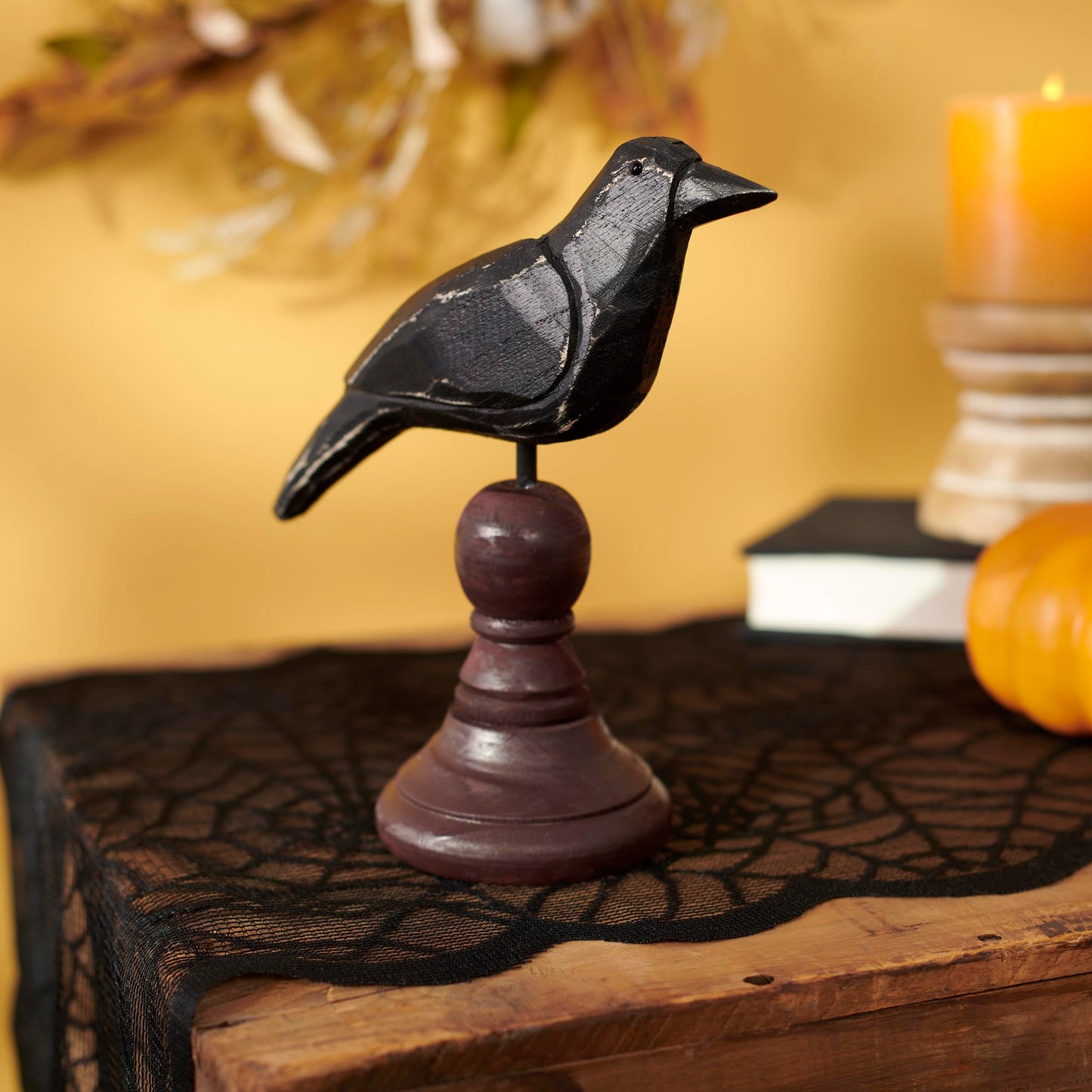 Primitives by Kathy Figurine - Weathered Rustic Crow On Spindle, Burgundy/Black