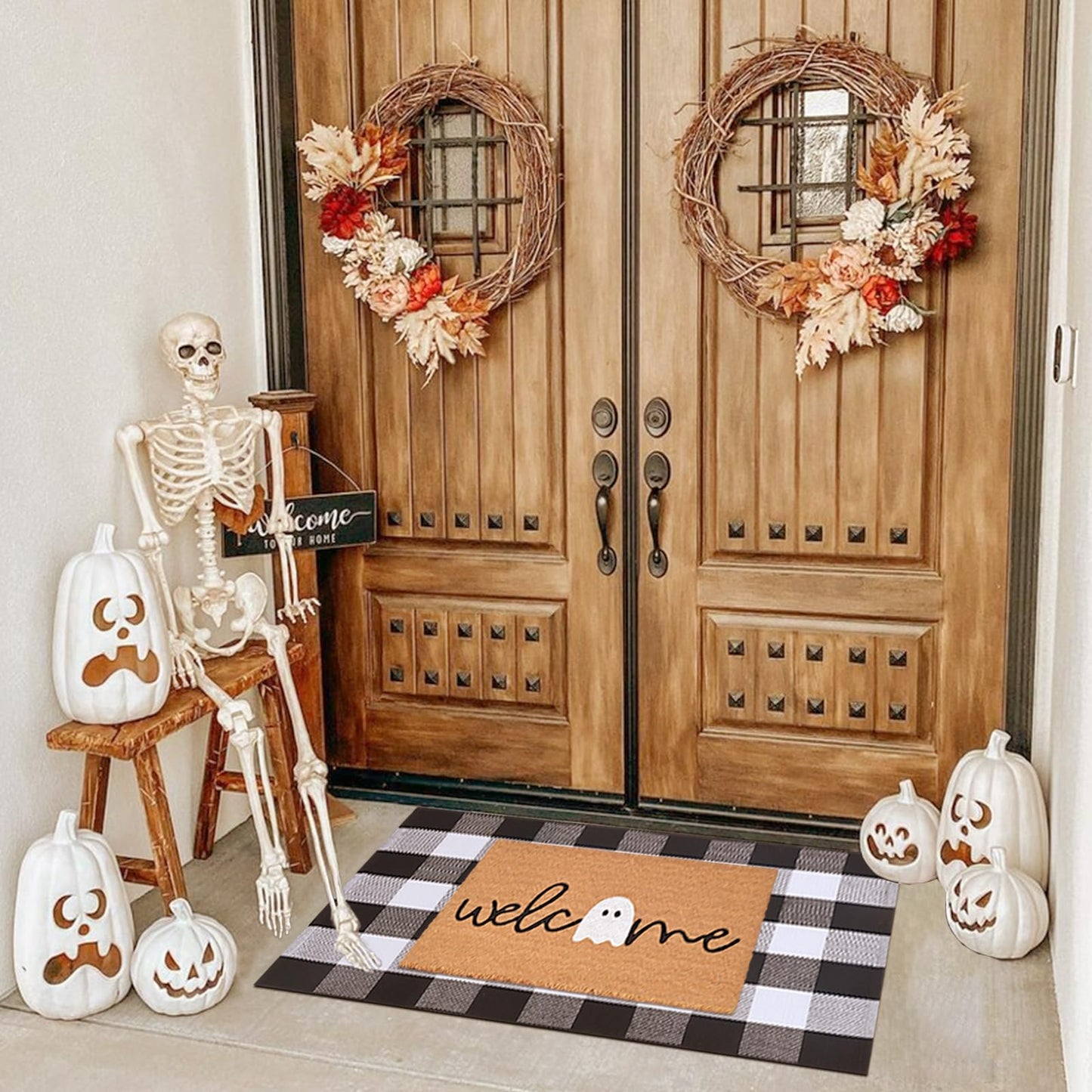 Halloween Door Mat Combo Set, Welcome Ghost Coco Coir Welcome Doormat + 28" x 43" Black and White Plaid Rug, Autumn Halloween Front Porch Entryway Decor Floor Mat